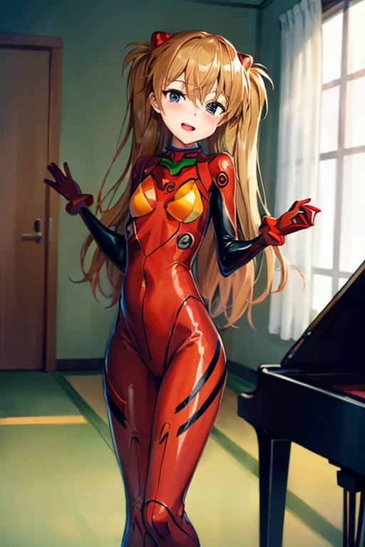 (( top quality )), ((masterpiece)), (be familiar with),  perfect face, indoor, bedroom,  viewers,
One woman,  Soryu Asuka Langley,
 open mouth,  ecstatic expression beside the piano, blush, smile,
 small tits,  flat chest, Young girl, Lori,  s,  girl,
 long hair,  Twin Tails ,
Leg spread,