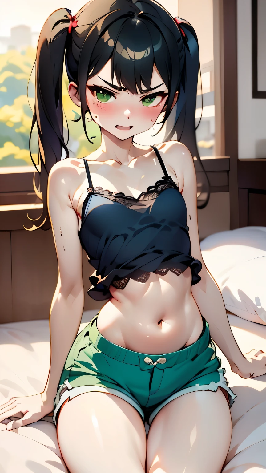 ( small),Low twin-tails with black hair, green lace camisole, Shorts  , Slender、slimming system 、 belly button out、 front pose , sitting in bed、sweat, White Breath,Viewers from before ,Hunchback,Flip up your camisole、excited、get angry、 sexy、(((デニム Shorts )))