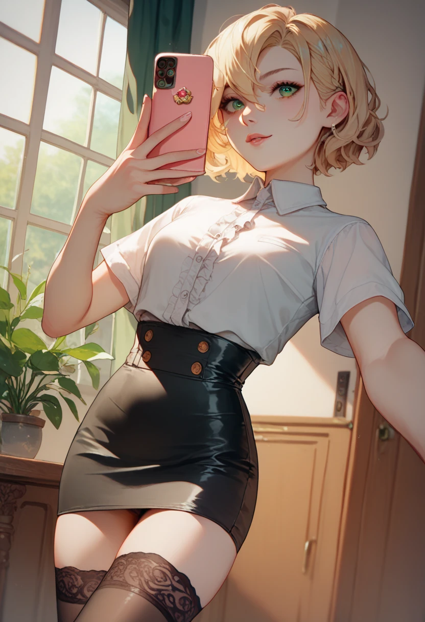  19 year old beautiful trans girl 
White skin 
Short wavy blonde hair 
Green eyes 
Slim body 
Small breasts 
Delegated hip
Small waist 
Short stature
Wearing a white short sleeve blouse,  Black mini skirt, semitransparent black stockings with thigh-length lace 
Selfie 