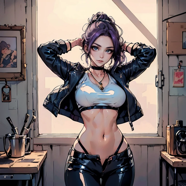A stunning woman stands solo, hips slightly upturned, her detailed face radiating a sultry invitation. amber eyes shine like warm honey as she sports multi-colored hair with trendy bangs. A tattooed dragon wraps around her toned physique, visible beneath a fitted t-shirt that accentuates her chest. A delicate necklace glimmers against her skin as she confidently wears a sexy smile. Her mischievous gaze seems to say 'come closer', drawing the viewer's eye like a magnet. Framed by a soft, beauty is perfectly balanced and on full display, with the tip of the nipple showing through
