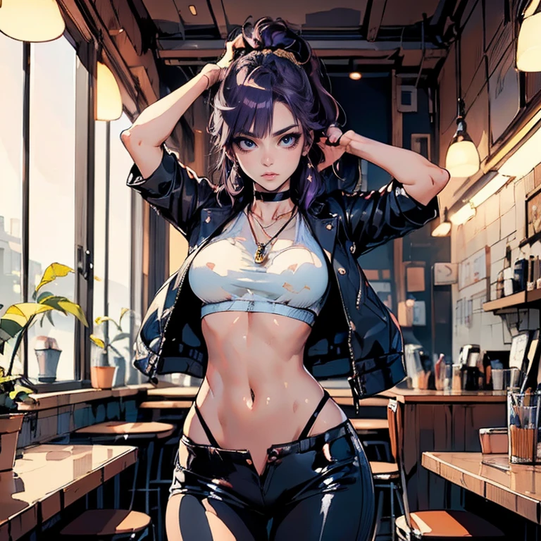 <lora:blackLagoon:0.9>, revy, arm tattoo, masterpiece, best quality, absurdres, 1girl, looking at viewer, sitting, indoors, (bar (place):1.5), bar stool, black tank top, shorts, alcohol, cigarette, (smoking:1.5)