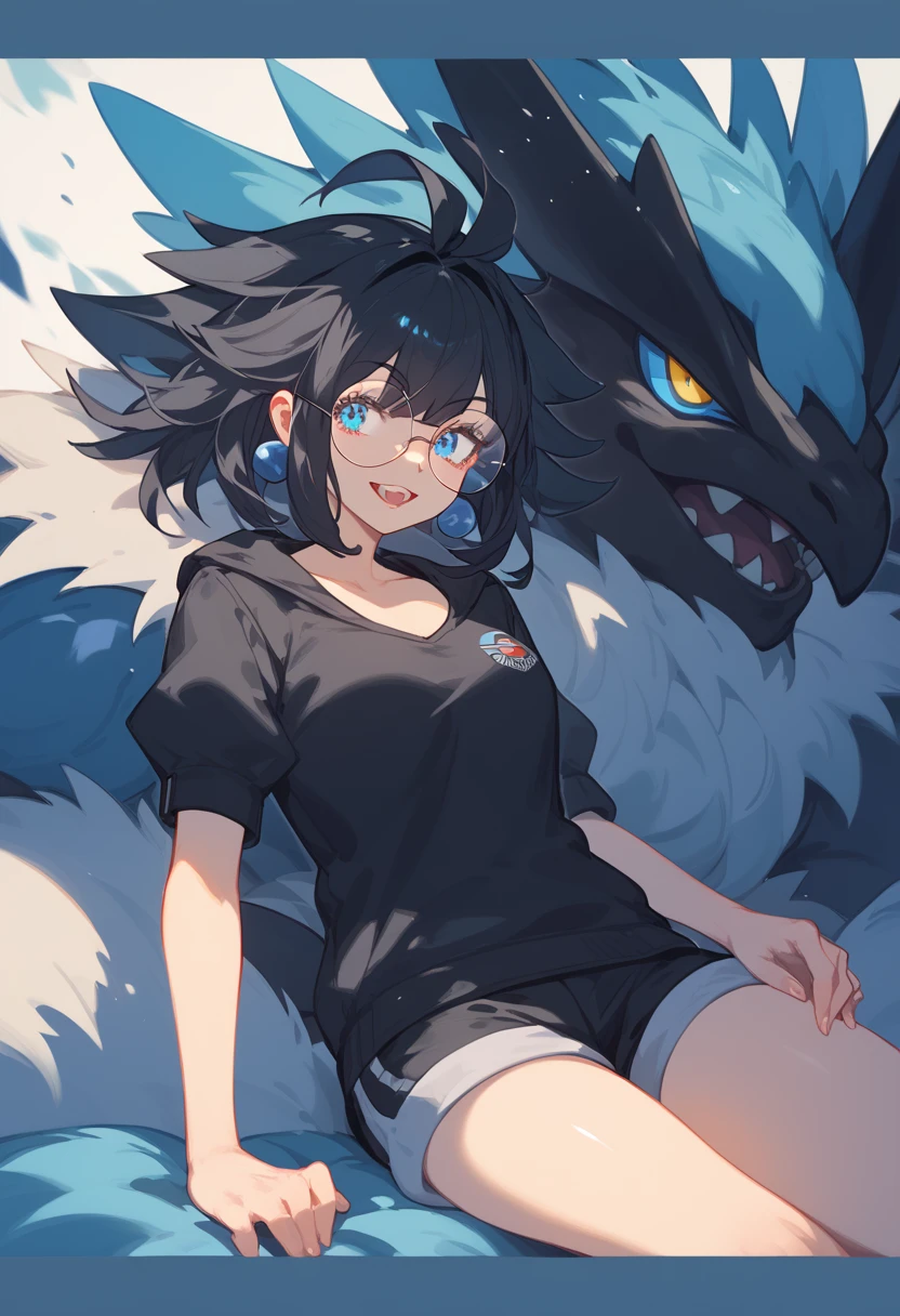  black hair shortbare、 Unkempt Hair and Faux Fur 、Blue Eyes、 Stray Eyes 、 cool 、Handsome Girls、Black Short Sleeve Jersey 、Black shorts、 Black Leather Gloves 、Black round glasses。Thighs、 White High Top Sneakers、 Pokémon、masterpiece, anime, anime風,  Monster Ball 、Double teeth、イケメン