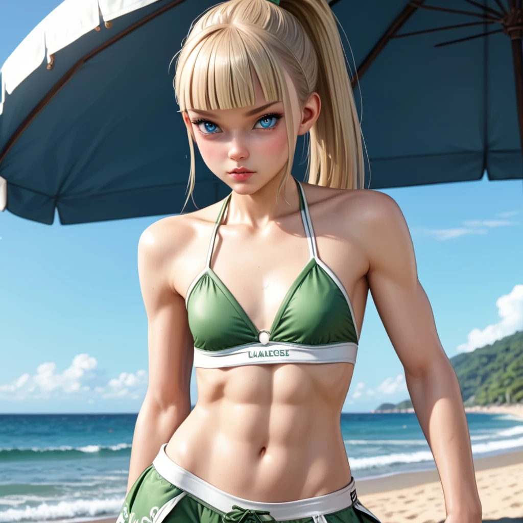 light blonde girl, ponytail hair, blunt bangs, big detailed light blue eyes,hungry expression, very young,very skinny,sunkissed skin,very small breasts,thin midriff,slim waist,nice hips, small petite body,very thin complexion,very young,anorexic midriff with clearly visible abs, masterpiece,best quality, surfing beach background, green bikini