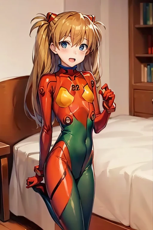 (( top quality )), ((masterpiece)), (be familiar with),  perfect face, indoor, bedroom,  viewers,
One woman,  Soryu Asuka Langley,
 open mouth,  ecstatic expression beside the piano, blush, smile,
 small tits,  flat chest, Young girl, Lori,  s,  girl,
 long hair,  Twin Tails ,
Leg spread,