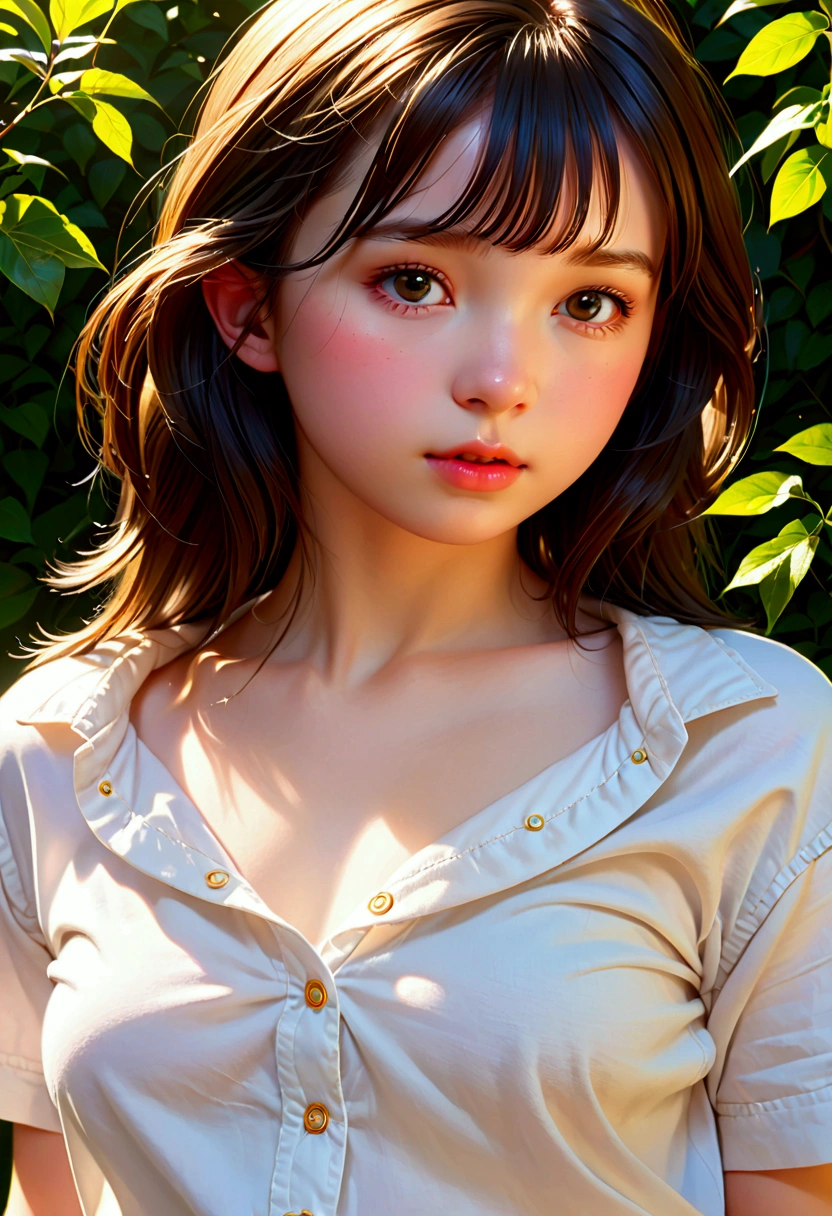 (Best Quality: 1.2), (Detailed Details), Realistic Skin Textures, (beautiful detail on white skin), (masterpiece), High Quality, (toddler figure), Young, 1 girl, shortcut, (15yo), (((flat chest..1.3)), ((Upturned chest: 1.2)), (Baggy shirt), Summer sunshine, upper body, ((Shy look: 1.3)) Schoolgirl 