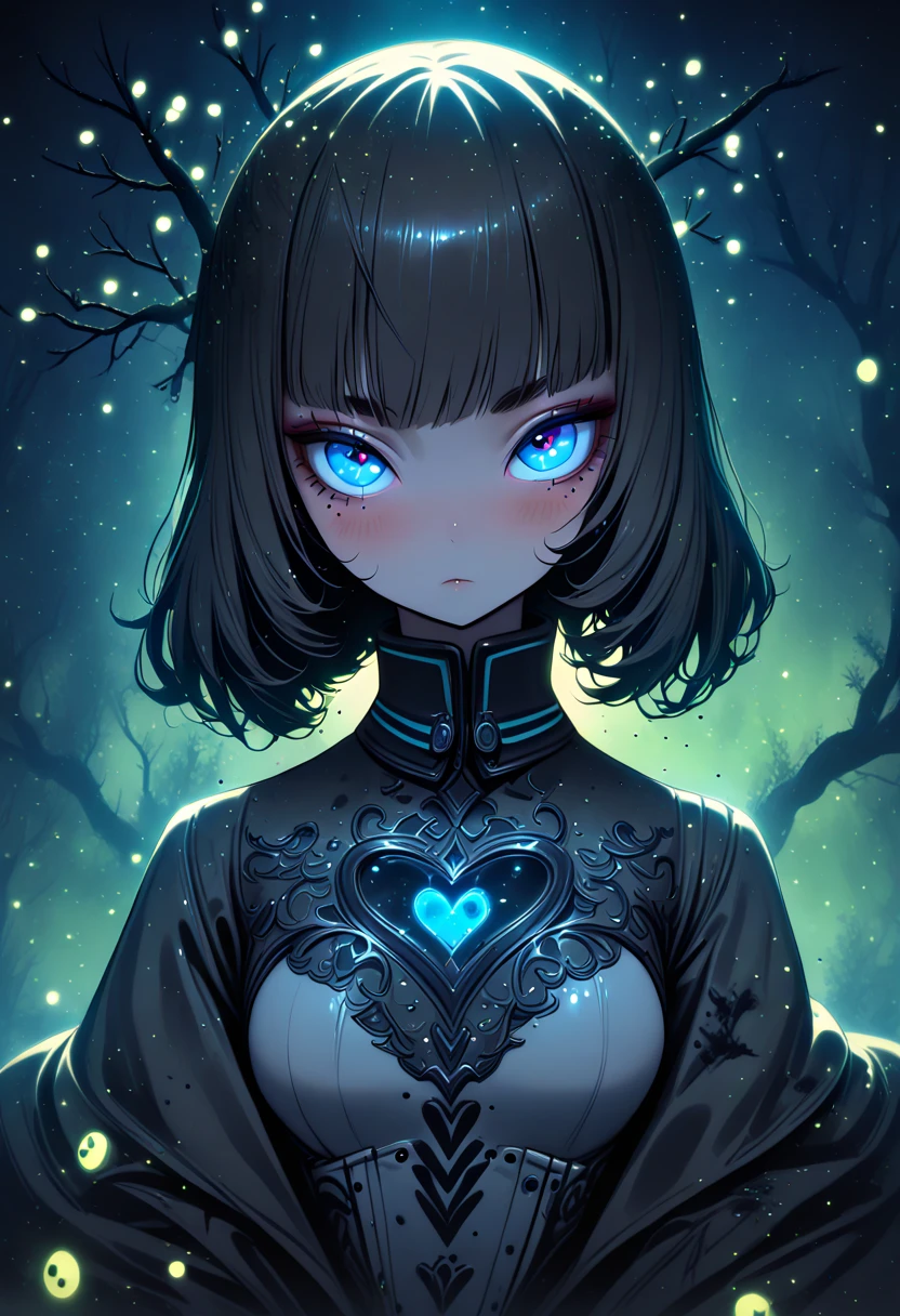 1girl,(ilya kuvshinov),branches, fireflies, sandust, dust , fantasy, (surreal), glow, bloom, looking at viewer, blush, lovely, ani, kapital, fashion clothing, clothing cutout, heart cut,breast, blue eyes, solo, detailed, high quality