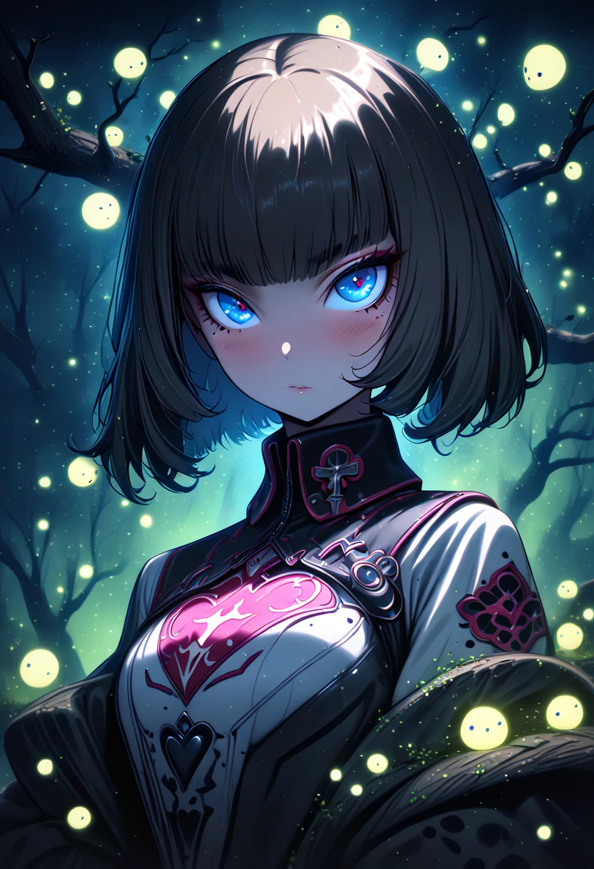 1girl,(ilya kuvshinov),branches, fireflies, sandust, dust , fantasy, (surreal), glow, bloom, looking at viewer, blush, lovely, ani, kapital, fashion clothing, clothing cutout, heart cut,breast, blue eyes, solo, detailed, high quality