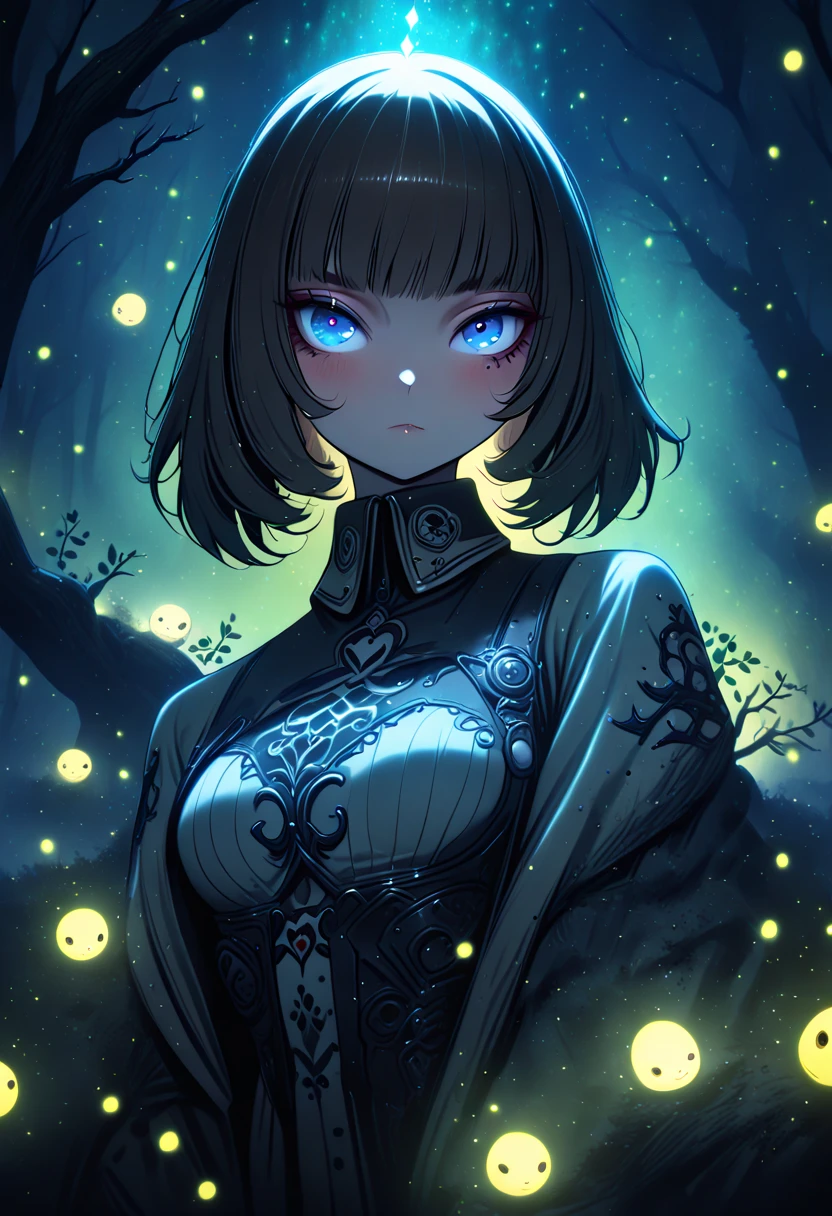 1girl,(ilya kuvshinov),branches, fireflies, sandust, dust , fantasy, (surreal), glow, bloom, looking at viewer, blush, lovely, ani, kapital, fashion clothing, clothing cutout, heart cut,breast, blue eyes, solo, detailed, high quality