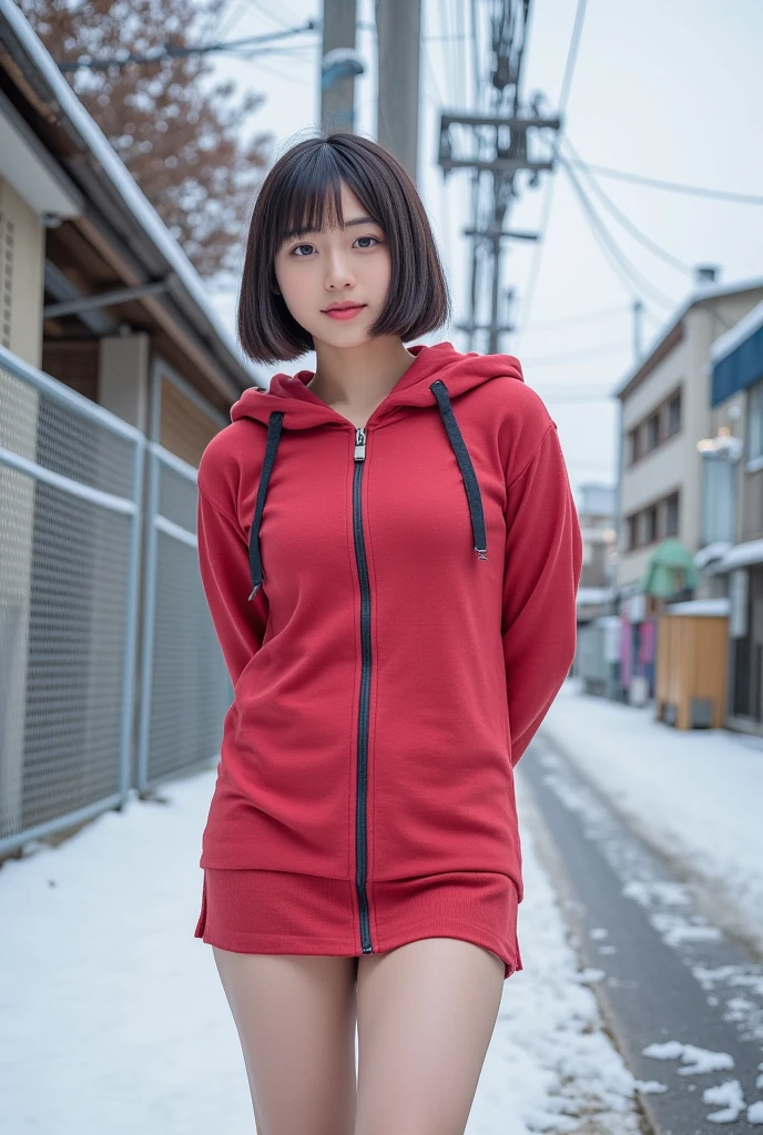 top quality 8k, high resolution, professional photographic, ultra detailed, 15mm film, portrait, (19 year old, beautiful Japanese female nearby, REIKA standing legs parted:1.3), beautiful very short bob cut:1.4, beautiful nape, (big hip best proportion:1.5), arms behind back, ( x'mas-skirt, x'mas hooded sweatshirt, "Japanese businessman":1.4), (thick thigh smooth thigh radiant thigh focus), ((too very blushing tareme)), (ultra detailed good depth fied, in Snow:1.5), (from below close up face:1.3),  