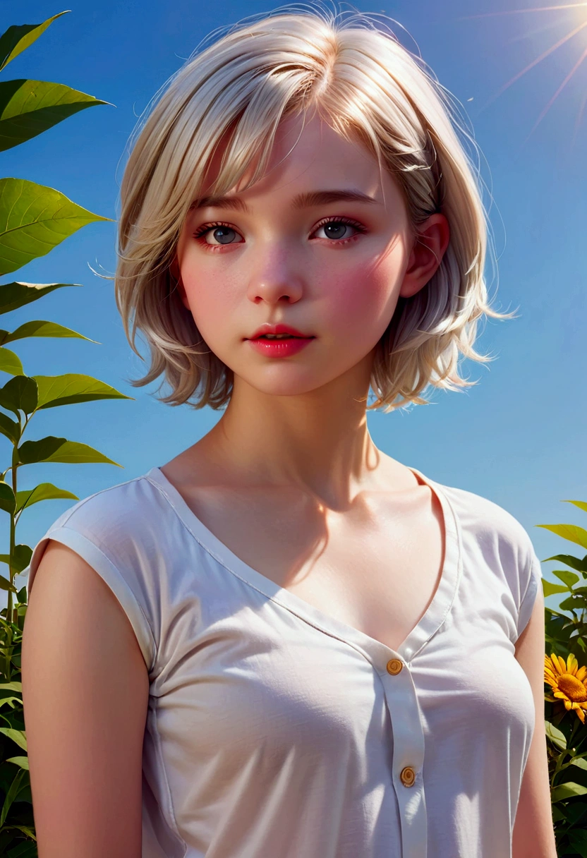 (Best Quality: 1.2), (Detailed Details), Realistic Skin Textures, (beautiful detail on white skin), (masterpiece), High Quality, (toddler figure), Young, 1 girl, shortcut, (15yo), (((flat chest..1.3)), ((Upturned chest: 1.2)), (Baggy shirt), Summer sunshine, upper body, ((Shy look: 1.3)) Schoolgirl 