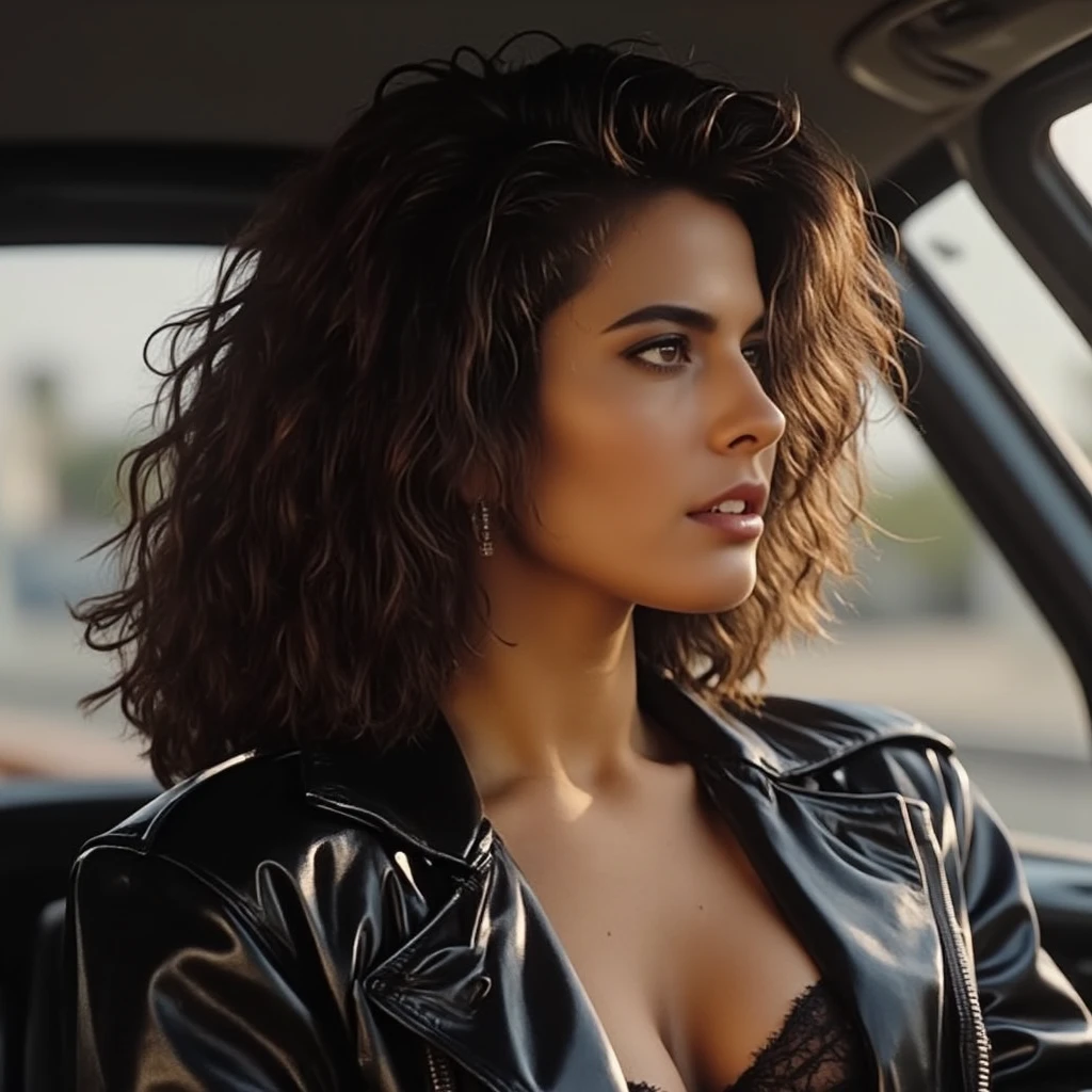 Candid photo of  a seductive gorgeous Italian woman, long hair, upturned nose, dressed in a black leather pushup bra, closed leather jacket with deep cleavage, shorts, is sitting in the car, indirect gaze, looking out of the window, looking away, in the 1980s, late afternoon, temptation, desire,,photorealistic, photorealism: 1.4), 1girl, high quality, detailed features, (photorealistic, photo-realistic, realistic 1.45), 4k, 8k, highres, (indirect gaze: 1.9), (full body: 1.4), high quality, Nikon D850A, cinematic photo, 8k, 85mm medium format photo beautiful hyperrealism hyperdetailed, photorealistic