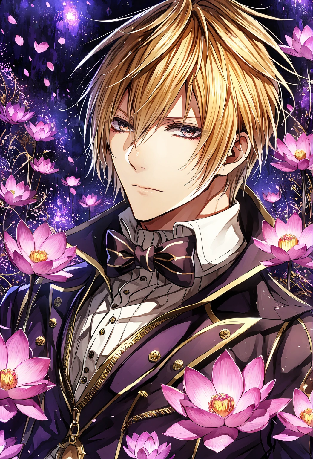  absurd resolution ,  High resolution , 8 k, HDR, HD, intricate details, super detailed,  Julius Visconti ,  God Eater 2 , orange blond hair,  expressive gray eyes , One,  sexy man,  Beauty, adult face, sensual,  black fingerless gloves ,  with mid-shoulder sleeves ,  thin red bow , black jacket attached to the front zipper ,  white shirt with buttons, purple cardigan ,  black collar with gold buckle around the neck,  black pants , gold trim, fantasy,  magical , now, water, pond, rocks, pink lotus 