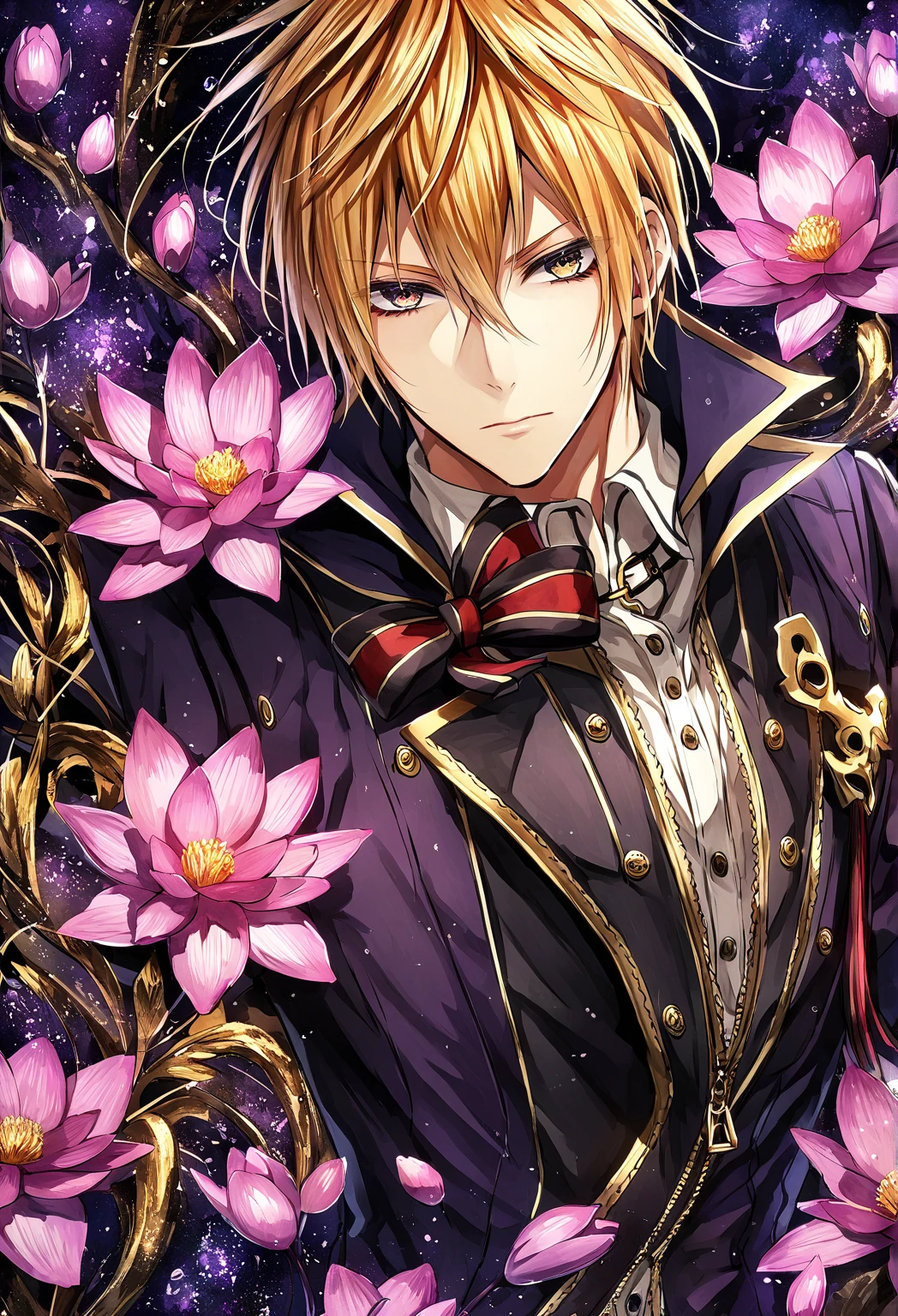  absurd resolution ,  High resolution , 8 k, HDR, HD, intricate details, super detailed,  Julius Visconti ,  God Eater 2 , orange blond hair,  expressive gray eyes , One,  sexy man,  Beauty, adult face, sensual,  black fingerless gloves ,  with mid-shoulder sleeves ,  thin red bow , black jacket attached to the front zipper ,  white shirt with buttons, purple cardigan ,  black collar with gold buckle around the neck,  black pants , gold trim, fantasy,  magical , now, water, pond, rocks, pink lotus 