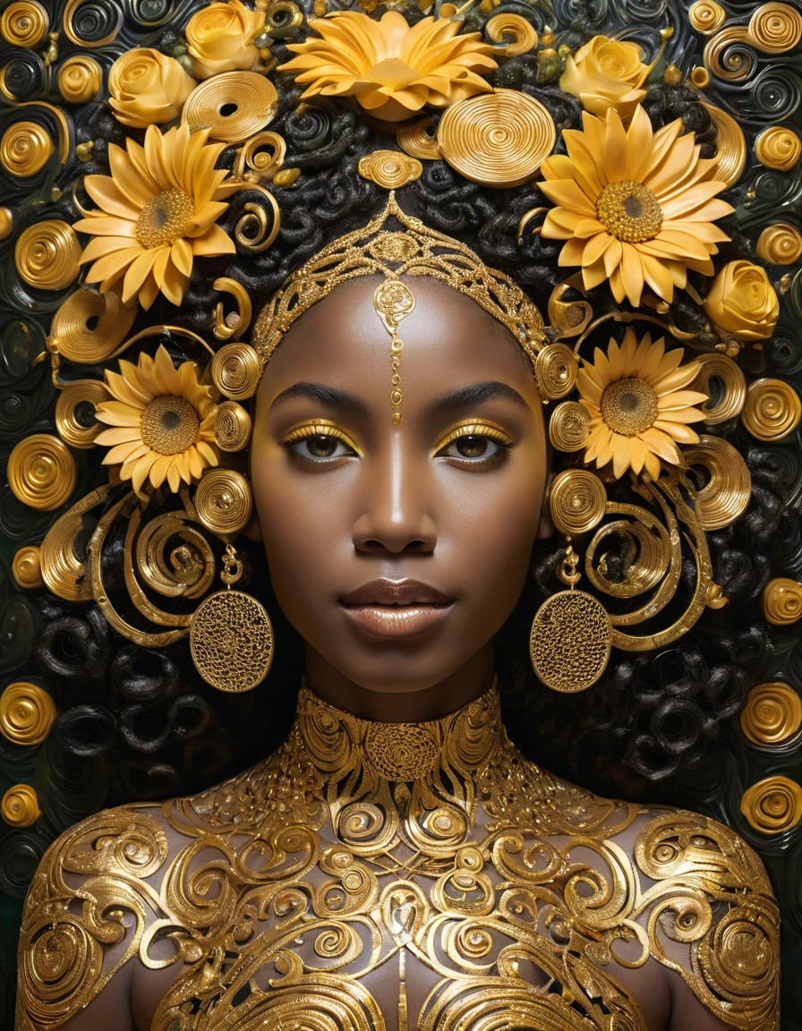 An artistic image of a Black woman dressed in the style of Gustav Klimt, featuring bold, golden patterns and intricate decorative elements on her gown. Emulate Klimt’s art style using a wet ink technique to create a visually striking effect. The scene is set indoors with ambient lighting that enhances the golden hues of the dress. The woman stands gracefully against a background filled with decorative elements and golden accents. Experiment with various camera angles to capture the richness and detail characteristic of Klimt's work.