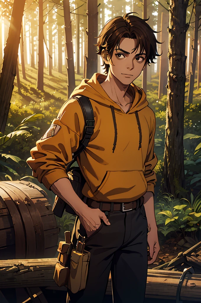 (mejor calidad, Obra maestra), mirando abajo, viento, Partícula, bosque de fondo, parte superior del cuerpo, 1 short boy, ((latin skin)), ((brown hair)), (black eyes), (((mustard hoodie))), (bandages on hands), (scar on lip), ((on a forest, woods)), messy hair, rolled up sleeves, leather gloves, ((baggy eyes)), welder tools, belt, dark circles under the eyes, black jeans, happy, (soft smile)