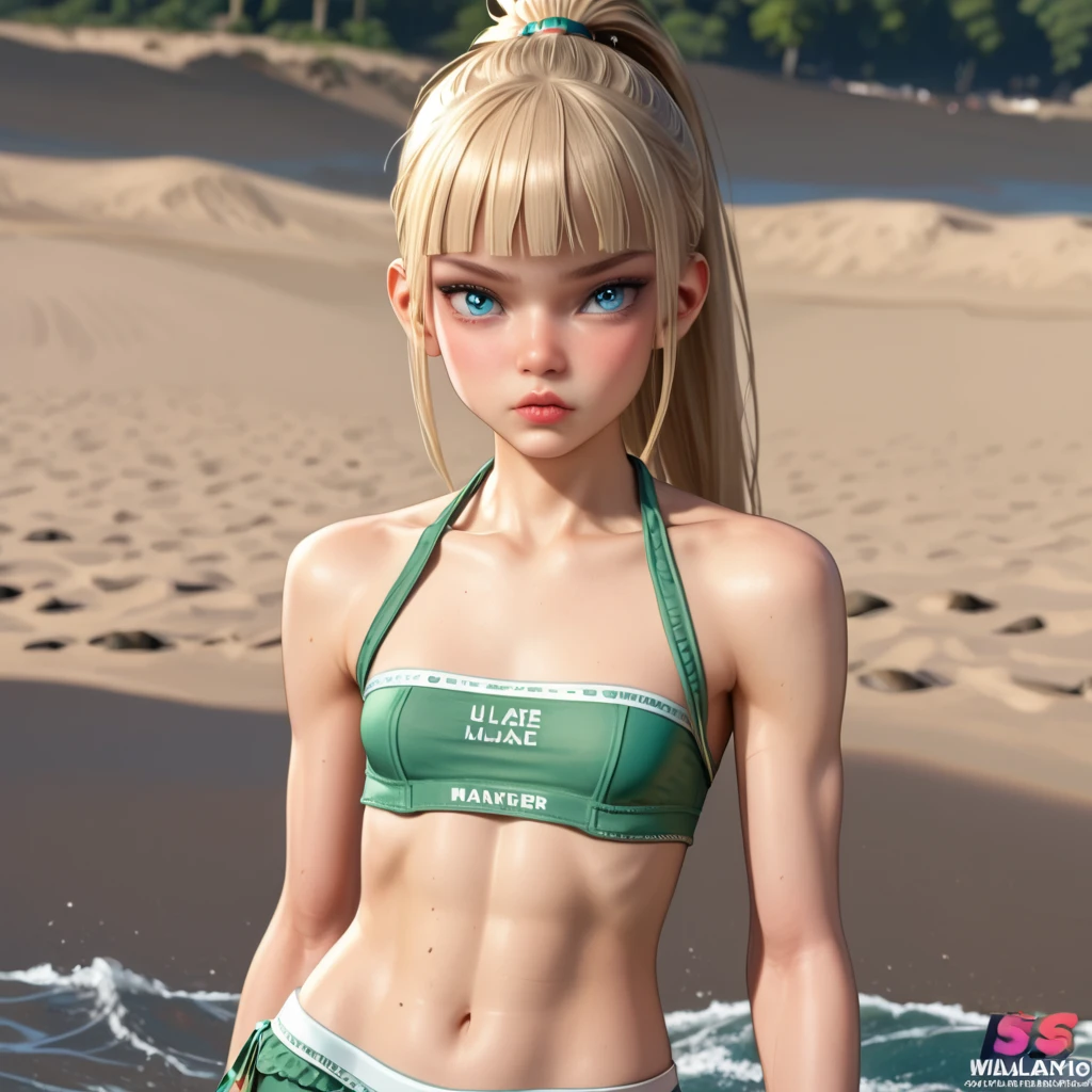 light blonde girl, ponytail hair, blunt bangs, big detailed light blue eyes,hungry expression, very young,very skinny,sunkissed skin,very small breasts,thin midriff,slim waist,nice hips, small petite body,very thin complexion,very young,anorexic midriff with clearly visible abs, masterpiece,best quality, surfing beach background, green bikini