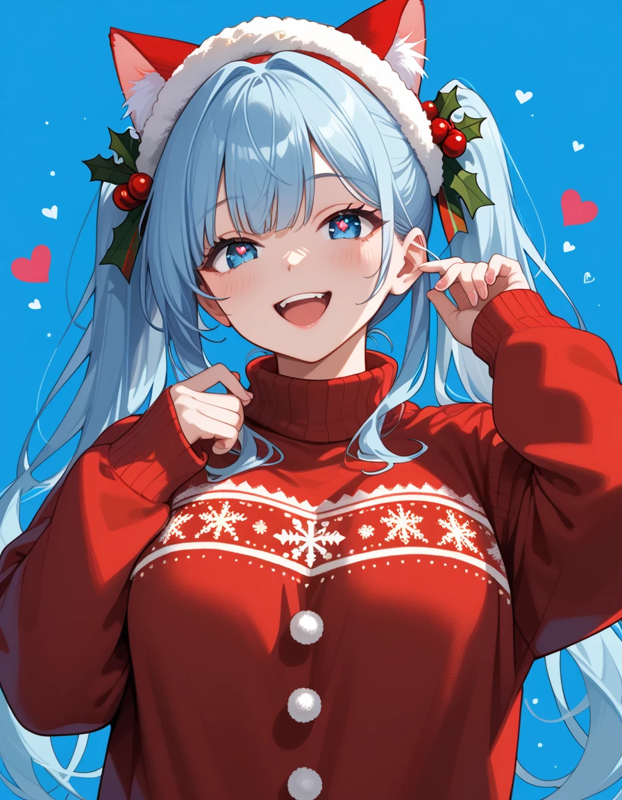 Christmas party, score_9, score_8_up, score_7_up, 1girl, cat girl, cat ears, animal ears, long hair, twintails, light blue hair, blue eyes, , pose, heart-shaped pupils, open mouth, happy, smile, far close up, simple background, blue background, Christmas decorations,((red ugly christmas sweater))