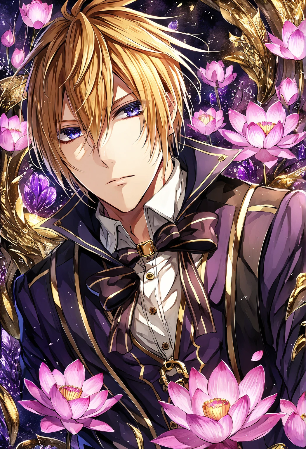  absurd resolution ,  High resolution , 8 k, HDR, HD, intricate details, super detailed,  Julius Visconti ,  God Eater 2 , orange blond hair,  expressive blue eyes , One,  sexy man,  Beauty, adult face, sensual,  black fingerless gloves ,  black jacket with mid-shoulder sleeves ,  thin red bow ,  attached to the front zipper ,  white shirt with buttons , purple cardigan ,  black collar with gold buckle around necks,  black pants , gold trim, fantasy,  magical , now, water, pond, rocks, pink lotus 