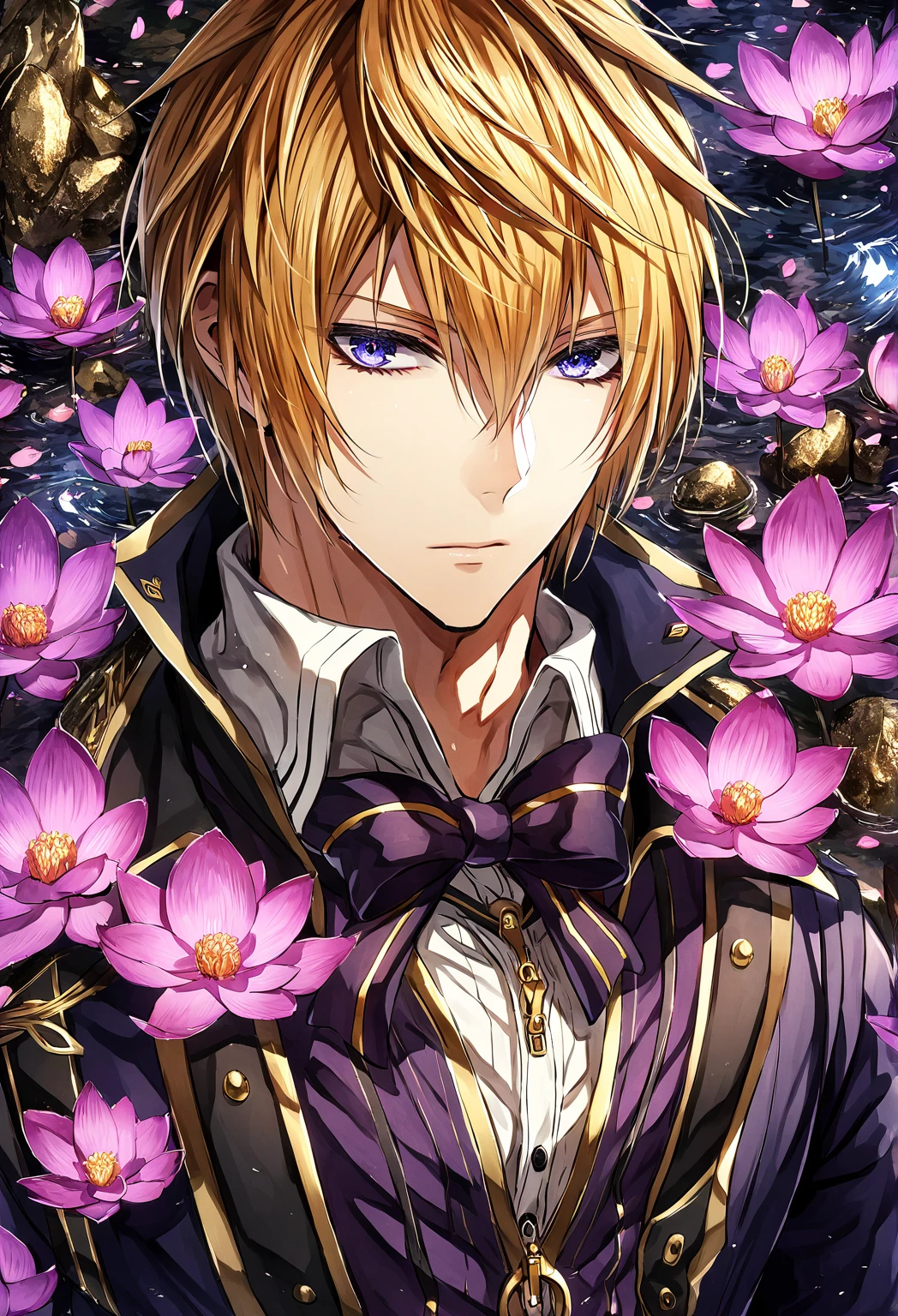  absurd resolution ,  High resolution , 8 k, HDR, HD, intricate details, super detailed,  Julius Visconti ,  God Eater 2 , orange blond hair,  expressive blue eyes , One,  sexy man,  Beauty, adult face, sensual,  black fingerless gloves ,  black jacket with mid-shoulder sleeves ,  thin red bow ,  attached to the front zipper ,  white shirt with buttons , purple cardigan ,  black collar with gold buckle around necks,  black pants , gold trim, fantasy,  magical , now, water, pond, rocks, pink lotus 