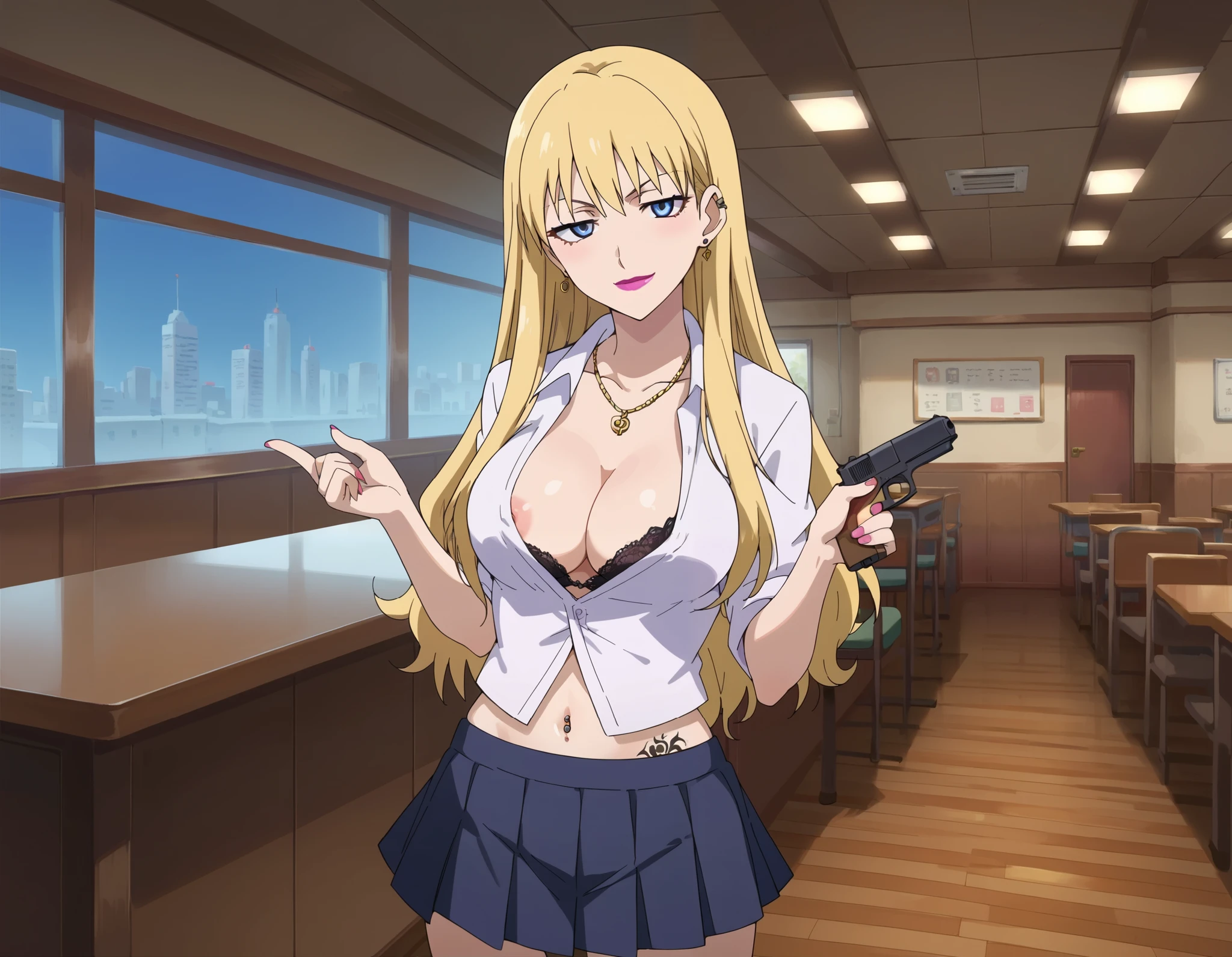1girl, lily someya, necklace, masterpiece, best quality, ((unbuttoned , cleavage, necklace, earrings, sexy body,
breasts)) , micro skirt, smiling, navel , exposed belly, exposed navel,,school,
classroom , holding a gun, hold a gun, navel piercing