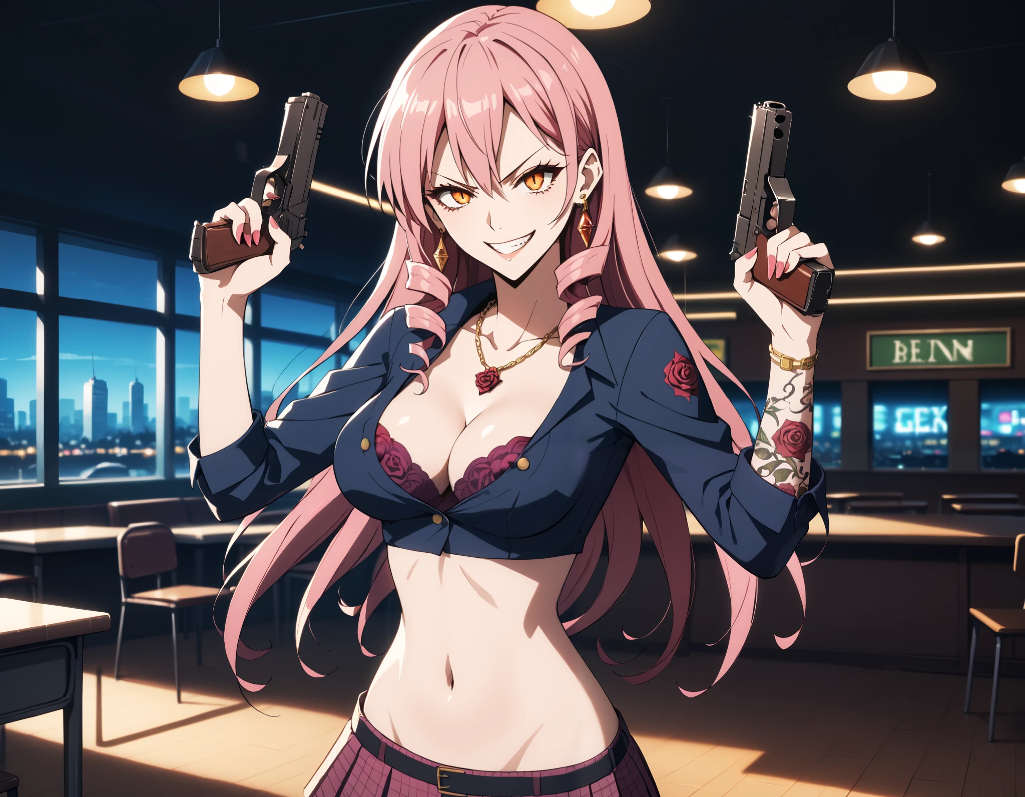 1girl, solo,
score_6, score_7, score_8, score_9,
 pink hair, long hair, drill hair, orange_eyes, yellow_eyes, midriff, navel, cleavage, smirk, FullyExposedStomach, midriff, navel,
(toned_body:0.8),  bar
background, inside bar,indoors, cityscape, casino, nightclub, city lights,jewelry, earrings, masterpiece, best quality, ((unbuttoned school uniform, cleavage, necklace, earrings, sexy
body,nipple slip, breasts)) , micro skirt, smiling, navel , exposed belly, exposed navel,
(nsfw) not safe for work,school, classroom , hold a gun,knot, holding pistol,, tattoo on body, dragon tattoo, tattoo midriff, rose tattoo,, dual wielding, , open arms sideway, arms T-pose, smirk, standing, anime girl T posing