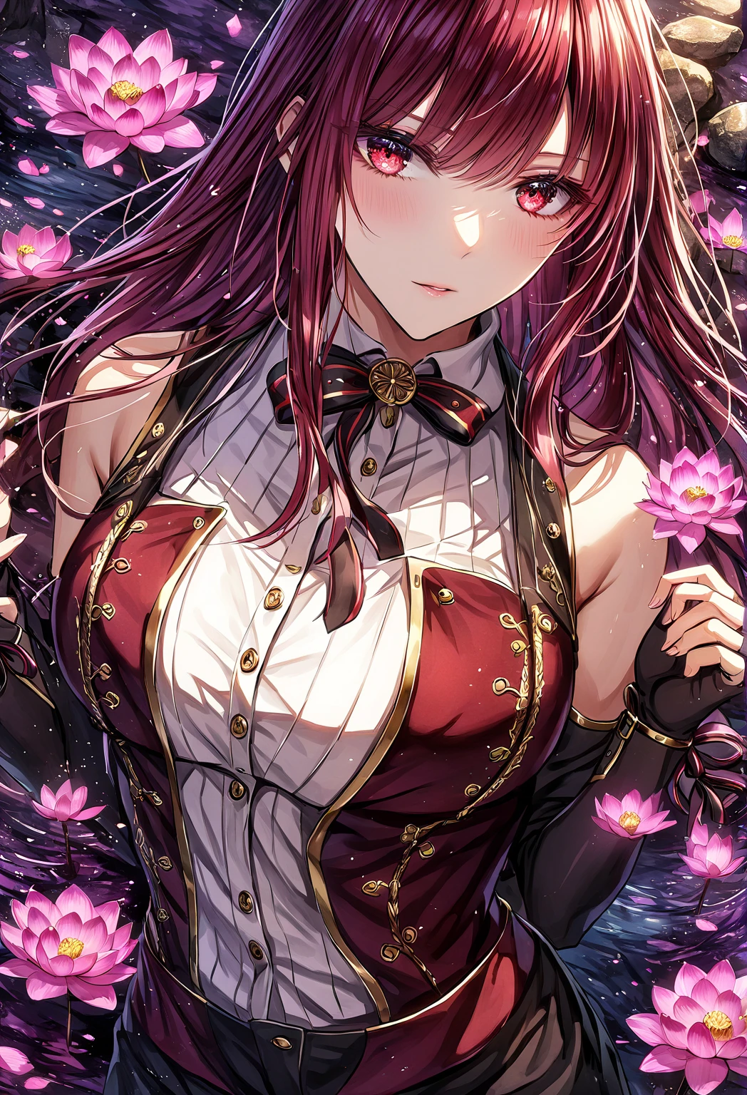  absurd resolution ,  High resolution , 8 k, HDR, HD, intricate details, super detailed, burgundy red blond hair,  expressive red eyes , One,  sexy woman ,  Beauty, adult face, sensual,  black fingerless gloves ,  black jacket with mid-shoulder sleeves ,  thin red bow ,  attached to the front zipper ,  white shirt with buttons , purple cardigan ,  black collar with gold buckle around necks,  black pants , gold trim, fantasy,  magical , now, water, pond, rocks, pink lotus  