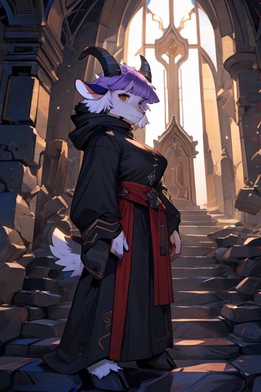 goat girl , anthro,  wild goat, ((female goat )),  plump body , break, white goat head, ( purple hair), Straight bangs,  Trimmed Back Hair,  green eyes, White body, (spiral black goat horn),  white goat ears ,  Big Breasts , Fluffy,  amazing expression,  zitoida, Monastic Clothes,  black hood ,  face forward, break,  climbing the spiral staircase, Curtain of light, The brilliance of raindrops ,  Glorious , glory, church, realm, Shoot the rays of destruction