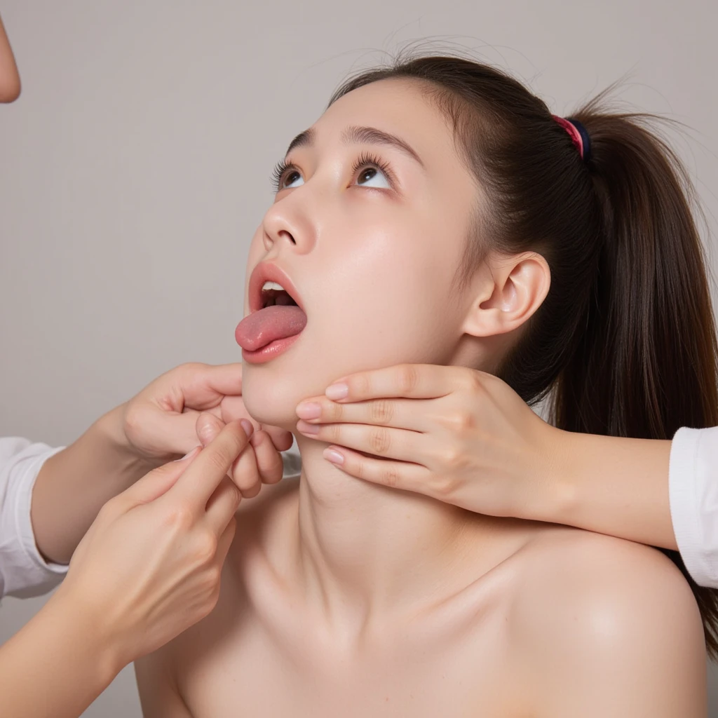 A young naked girl's severed head lies on the table. Zoom to the head. She has beautiful straight thick smooth silky mid-long brunette hair in a thick side ponytail. Two hands are grabbing and pulling her hair. She is looking up, eyes up, she is tilting her head back. The woman's face showing fear. Another girl is grabbing her neck and choking her. Her eyes bulging out, her mouth is open, her tongue sticking out of her mouth, saliva flowing out of her mouth. The background is light.