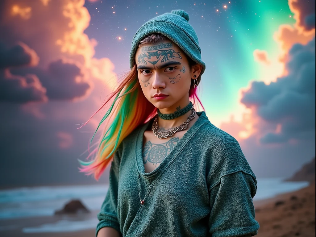  women with rainbow-colored hair and detailed dress armor in blue-green, standing, rainbow colored cosmic nebula background , stars, galaxies,  intricate details , Perfect face