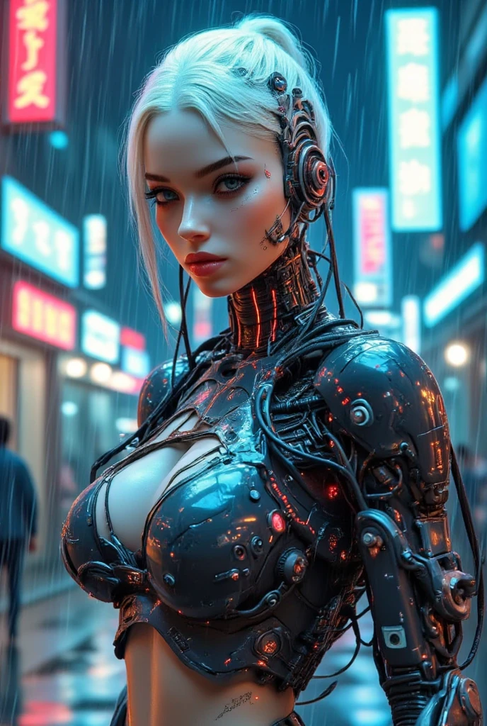 ((masterpiece)) ((hyper-realistic)) ((vibrant colors)) A futuristic cyberpunk blond curvy female character who is a perfect hybrid between human and machine. She has sleek black hair falling over her shoulders with bangs framing her pale and delicate face, partially adorned with cybernetic implants and glowing circuits. Her piercing eyes and stoic, determined expression give off a powerful aura. The upper half of her body is a complex blend of exposed mechanical components, wires, and robotic exoskeletal details, especially visible on her arms, shoulders, and neck. She wears a torn black crop-top with futuristic, stylized Asian-inspired symbols and text, possibly referencing a cybernetic gang or a tech corporation, giving her an urban, dystopian vibe. The background features a rainy cyberpunk cityscape with neon-lit signs in cool blue and white hues, written in East Asian characters, creating a harsh, futuristic atmosphere. The wet, reflective surface of the street and blurred lights enhance the depth and immersion of the scene.