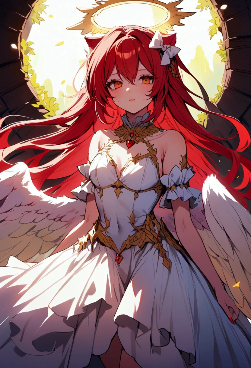 (best quality, high resolution, textured skin, high quality, High Detail,Extremely detailed CG unification)，Demon Queen，Scarlet eyes，Dynamic Angle,whole body，Gorgeous pleated dress，Lots of fabric，Transparent lace，Decorations，Transparent multi-layered skirt，Ruffles，Intricately designed clothing is beautiful to wear，Elegant and attractive posture，Demon Wings，Gloves，whole body包裹的衣服