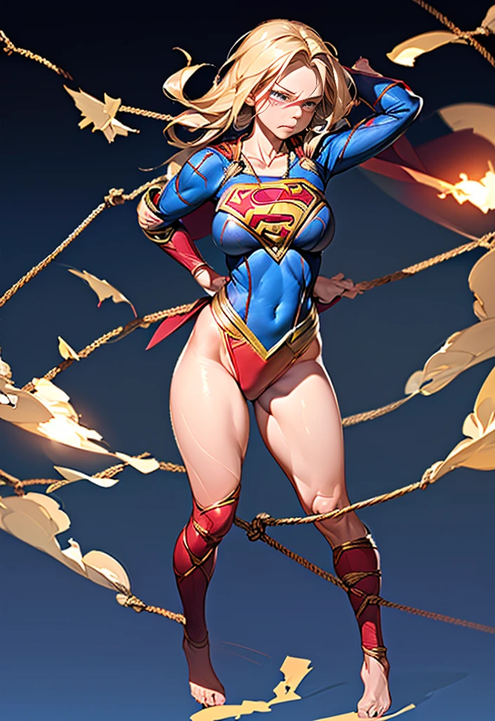 (((SUPERHEROINE SUPERGIRL SEX SYMBOL, OBJETO SEXUAL, She's wearing high heels))), (((She's handcuffed, dentro da gaiola, na cela de pedras,  preso))), ((nua,sem calcinha,without bra, sem uniforme)), (SUPERGIRL is squatting, pernas abertas, preso na lama), (She is crying a lot, ela tem cabelo LOIRO, ela tem cabelo longo)), ((She wears a thick collar around her neck.)), (obra-prima, melhor qualidade) 1.5, 1 garota, sozinho, (sensual, mulher bonita, rosto perfeito, olhos perfeitos), corpo inteiro, tears running down your face)), ((SUPERGIRL em cativeiro, arms tied behind the back, Shibari, Hands tied behind the back,painful restraint by ropes)