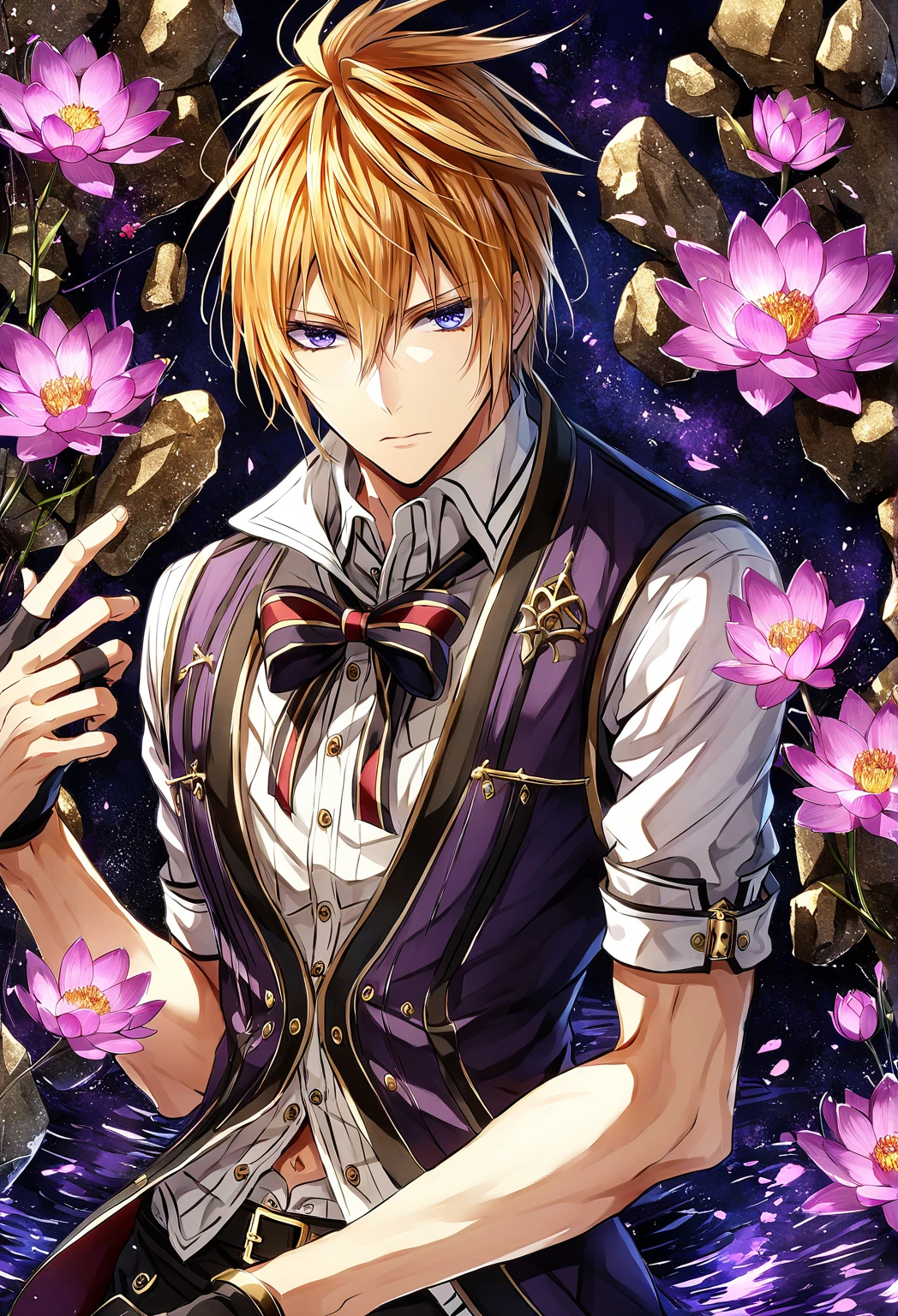  absurd resolution ,  High resolution , 8 k, HDR, HD, intricate details, super detailed,  Julius Visconti ,  God Eater 2 , orange blond hair,  expressive blue eyes , One,  sexy man,  Beauty, adult face, sensual,  black fingerless gloves ,  black jacket with mid-shoulder sleeves ,  thin red bow ,  attached to the front zipper ,  white shirt with buttons , purple cardigan ,  black collar with gold buckle around necks,  black pants , gold trim, fantasy,  magical , now, water, pond, rocks, pink lotus 