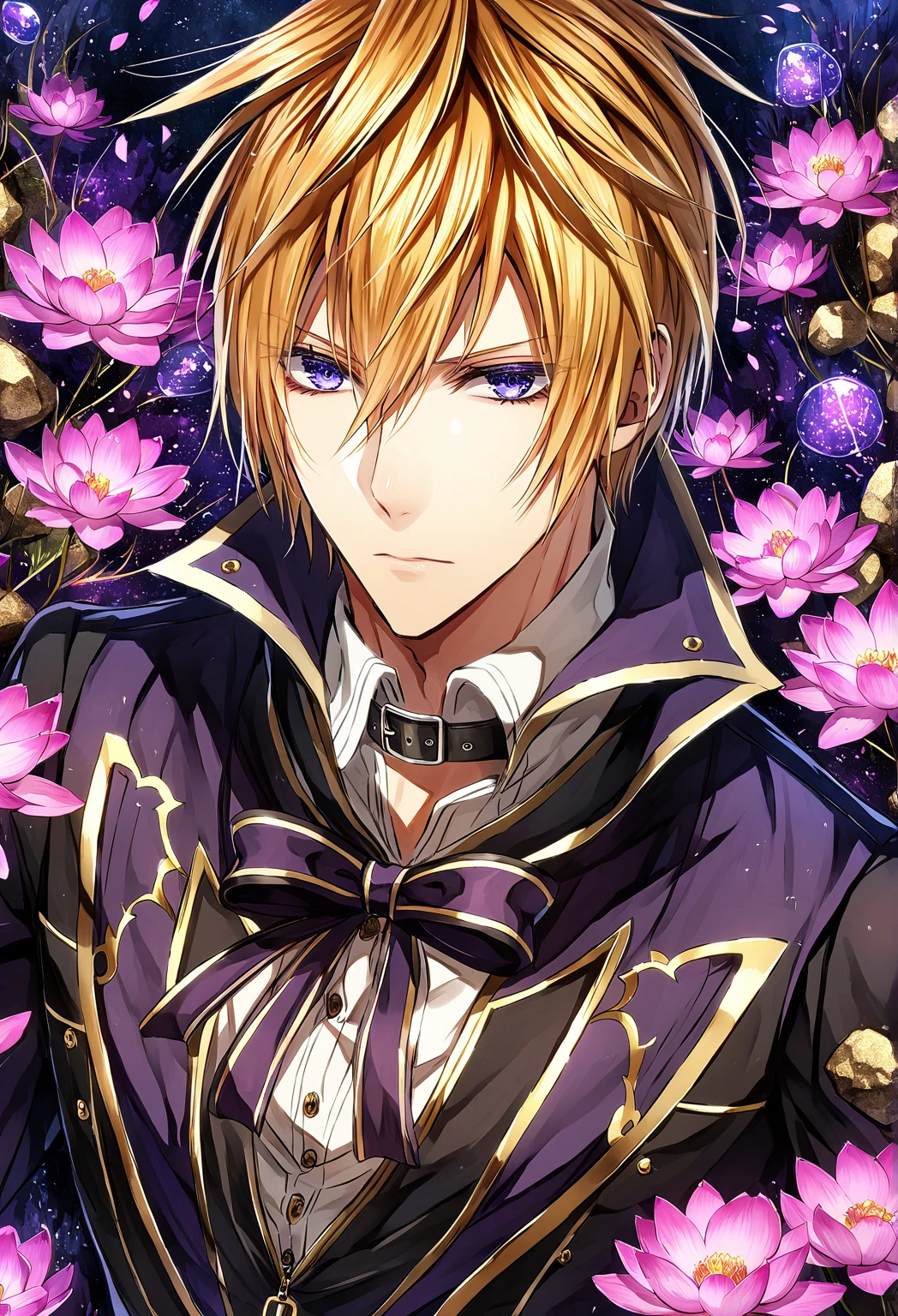  absurd resolution ,  High resolution , 8 k, HDR, HD, intricate details, super detailed,  Julius Visconti ,  God Eater 2 , orange blond hair,  expressive blue eyes , One,  sexy man,  Beauty, adult face, sensual,  black fingerless gloves ,  black jacket with mid-shoulder sleeves ,  thin red bow ,  attached to the front zipper ,  white shirt with buttons , purple cardigan ,  black collar with gold buckle around necks,  black pants , gold trim, fantasy,  magical , now, water, pond, rocks, pink lotus 