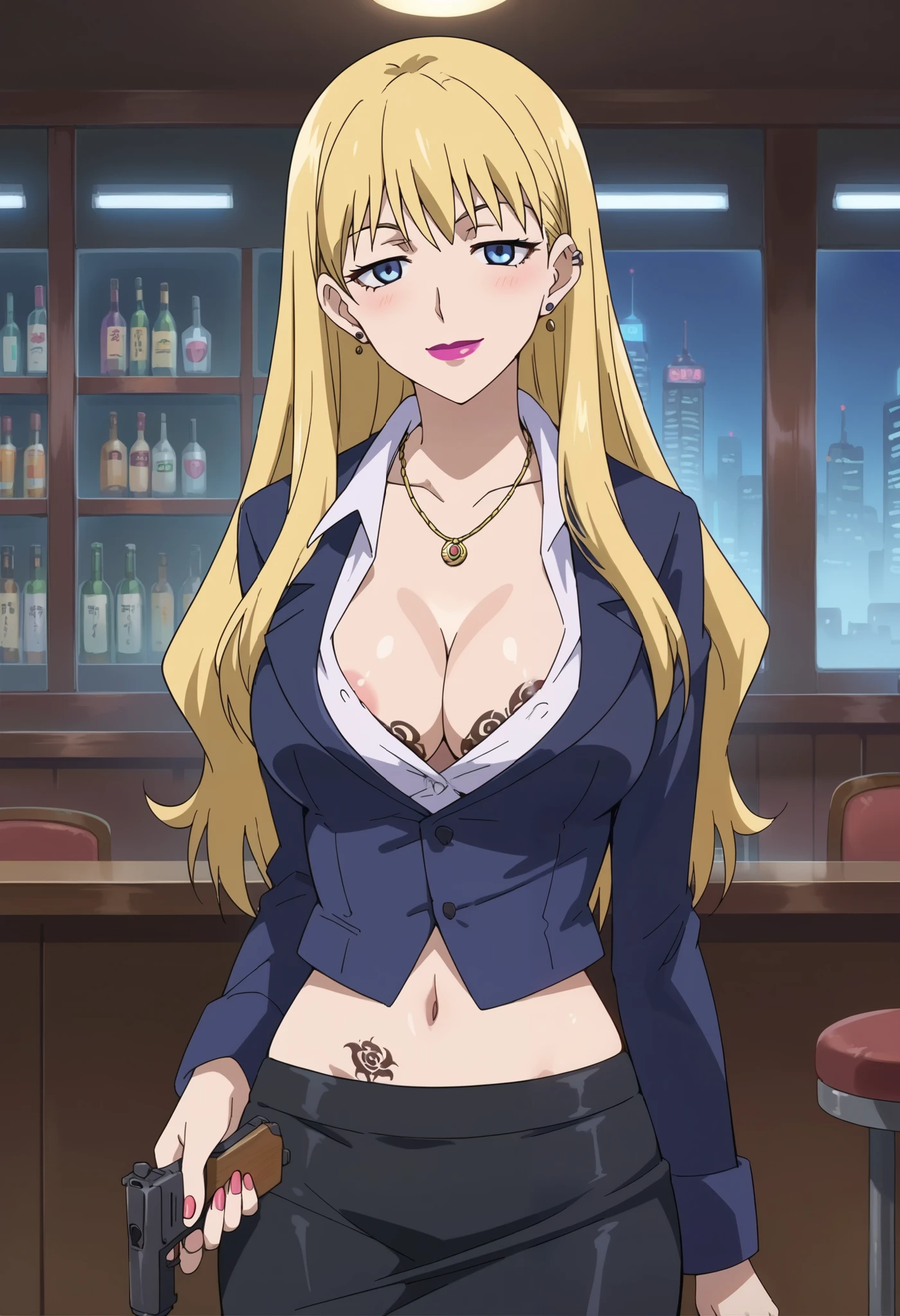 Anime girl with a gun in her hand standing in a bar - SeaArt AI