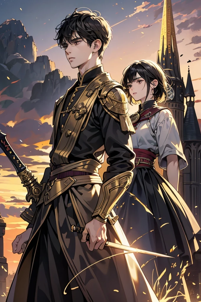   top quality 、8k、 A young man with short black hair wearing golden armor 、 clutching a sword and shield 、A dark-haired shrine maiden with medium-length hair 、  A couple standing back to back  、 An immoral background with the eerie shadow of a spire rising against the twilight sky 、  anatomically correct appearance  、Biologically Correct Appearance、