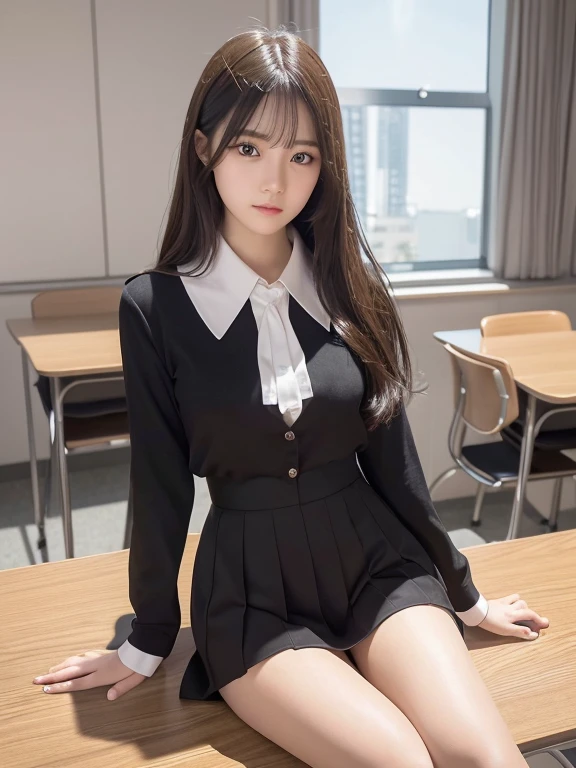 (high quality), (NSFW:1.2), (school _uniform and stockings : 1.2), split screen, A delinquent, glamorous and mature high school girl and a Korean adult man enjoying a smartphone chat app, Her smartphone display shows a number of Korean adult men chatting to a high school girl., Their chat language is English, Men are waiting for her response, popup window, And there's a man, This man is requesting a chat with her on the smartphone screen. Chat takes place alternately between women and men..