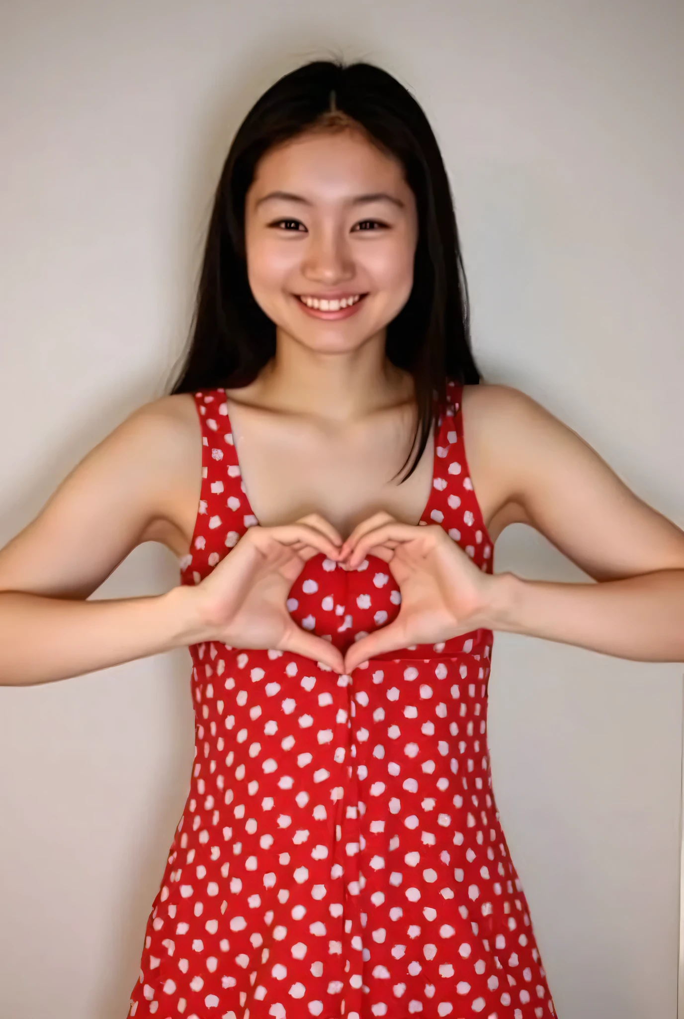  1 woman with a cute smile、{{I'm wearing a red dot (( bra and panties }} dress}}。, {{ I'm wearing a competitive swimsuit}}, {{{{{ make a big heart with both hands }}, Hold it in front of your chest }}}}, 、  has a monotone background  、
