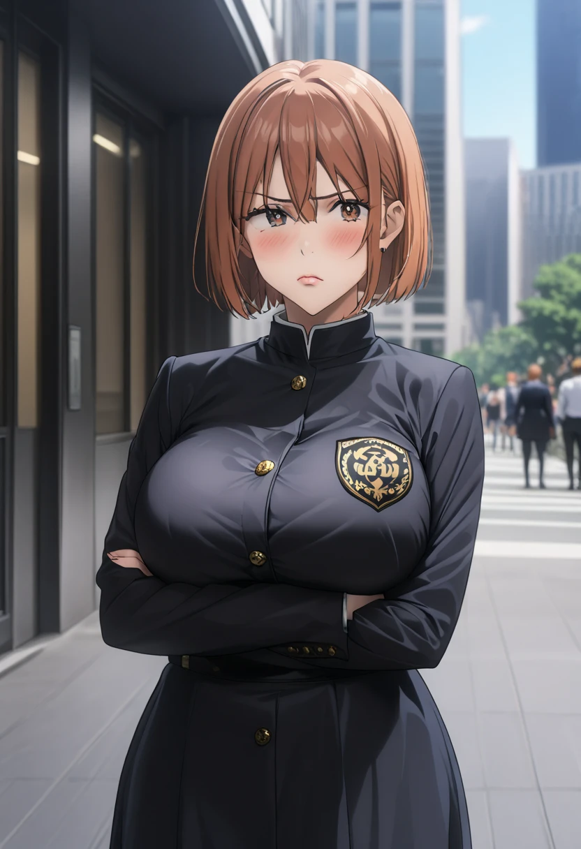     detailed face    ,     detailed body rendering   ,   Alone、  masterpiece ,     High Quality    , 8k,   is written by,    thigh thickness , shiny skin,SKINNING    ,{{{{{    game cg}}}}},, 最    High Quality    ,     High Quality   ,     very sophisticated ,In the city,Big Breasts, thick thighs,引き締まった体、 Nagasaki Wild Rose、 Nagasaki Wild Rose、 bob cut、 brown eyes、orange hair,lips、 short hair、Big Breasts、,  Nagasaki Wild Rose, brown eyes、Big Breasts、 black uniform、 black pantyhose,(( standing with different breasts )), cross your arms a little、blush, frowns