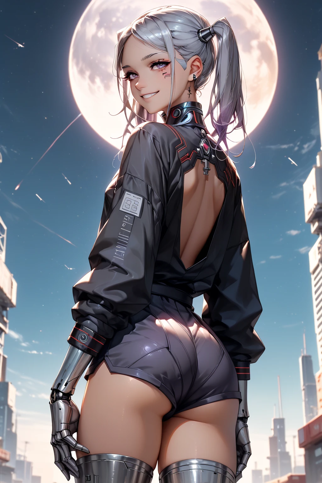 top quality、Best image quality、In 8K,4K,masterpiece、、very detailed、beautiful、top quality의、Grown-up、cool、girl(((milf、white rubber suit 1:3、、silver hair、short bob、red eyes、erotic:1.4、happiness、Tattoo)))、spread your legs wide、high quality、Visual arts、background((urban at night:1.2))、table top , (from behind, wide hips:1.2)