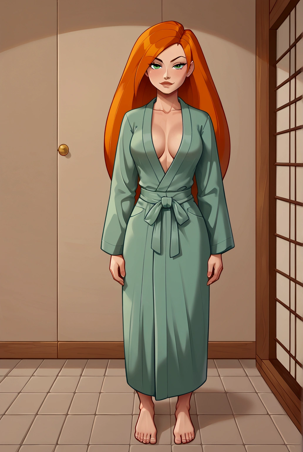 1girl, solo, Expressiveh, eye catching, Kim Possible, green eyes,thick,curvy, long hair, orange hair, wearing a sexy japansese yukata(Which is a Japanese bathrobe), nothing under the yukata, a slim and toned body and showing her cleavage, full body, closeup, seductive smirk, Japanese bath house 