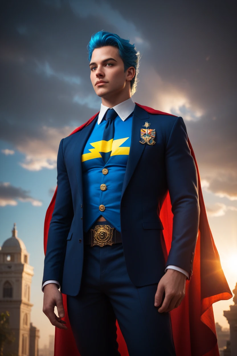 Homelander, standing with an imposing posture, his cape billowing behind him, dressed in a suit styled in green, yellow, and blue inspired by Brazil’s flag, glowing golden rays emanating from his chest. Positioned high above Rio de Janeiro with Christ the Redeemer statue in the background, lightning bolts striking the vibrant city below. The glowing sun sets behind him, casting dramatic light on his muscular figure. Ultra-realistic, photorealistic, cinematic, sharp focus, intense and powerful expression.
