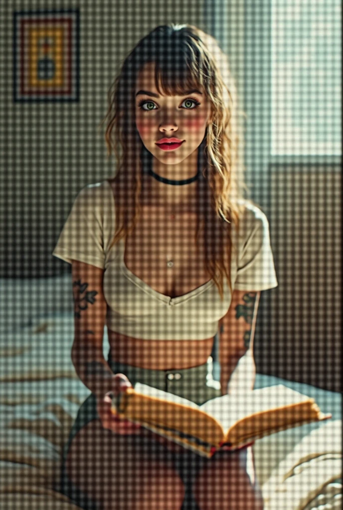 fashion photo of a beautiful 35 year old American woman reading a book on her bed. wide angle shot, candid, natural pose. She has green eyes, messy long brown hair with bangs, high cheek bones, sturdy chin, cute face, and hourglass figure. She wears a sheer cropped white t-shirt and has large soft breasts with hard nipples. She wears french-cut panties and has a round butt. She is embarrassed and smiling. she has tattoo sleeves all over her arms and a choker necklace. Natural sunlight beams shine over the face and there are sharp shadows and haze in the air. She is in a vintage 70's bedroom with records all around her and the background is blurry. Shallow depth of field. There is film grain and haze in the air. Artistic and avant garde. old polaroid 600 film