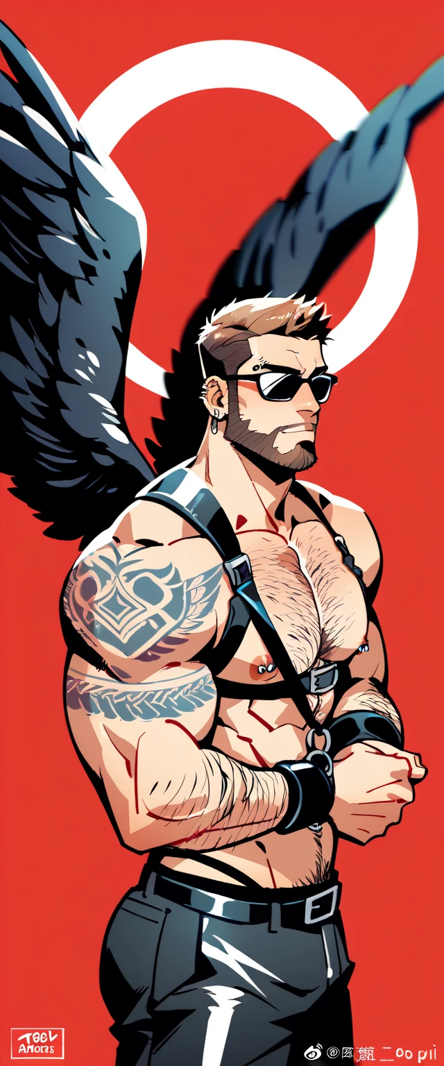 a bearded tattooed muscle cowboy with  angel black wings  posing,  SFW,  muscular man,  Perfect anatomy ,  balanced anatomy ,  hairy,  big breast, BDSM costume , leather kepi hat, Sunglasses,  black thong,black harness , big crotch, lewd expression,  muscular,  short haircut, bearded,  brown hair , piercings,  angel black wings ,  red background ,  high resolution, high quality, Masterpiece.