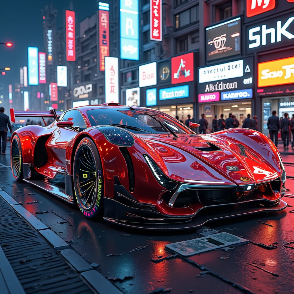 cyberpunk、masterpiece、 Anatomically Correct 、 top quality 、 High Details、Neon Buildings、 Fairlady Zs30 、Blue Devil's Z 、 Custom 、 Wide Wheels 、Lowdown 、 Detailed Blister Fender、 Full Smoke 、Wine red color、 frame position , 