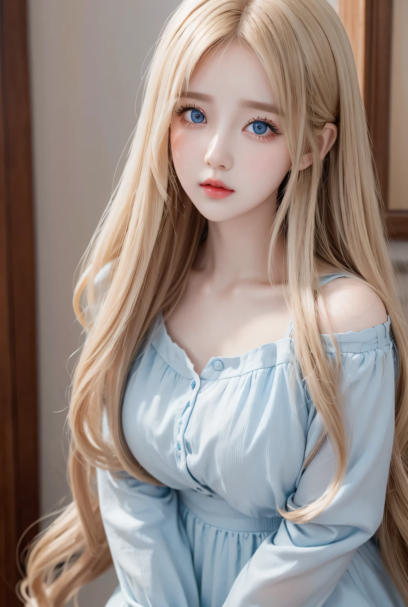 EUNHA DE VIVIZ LONG BLOND HAIR, blush,  doll lips,  realistic blue eyes 