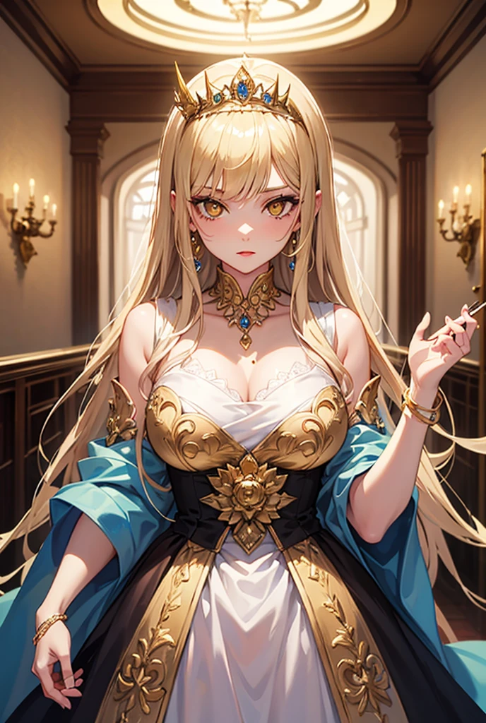 highest quality, masterpiece, best definition, artwork, super detailed, many detailed, detailed, detailed,woman,((One Queen)), whole body, whole body,Blonde,Cleavage,Skin dents,(((Ridiculously long hair))),Straight hair,super detailed gorgeous ballgown with voluminous full length hoop skirt,gorgeous rococo ballgown with many Frills,,A gorgeous Rococo ball gown with beautiful embroidery and jewels.,Frills,whole body,,Huge breasts, Grin、With a creepy smile, A slanted smile at the corners of the mouth,View your viewers, blush, Open your mouth,Place your hands on your chest
