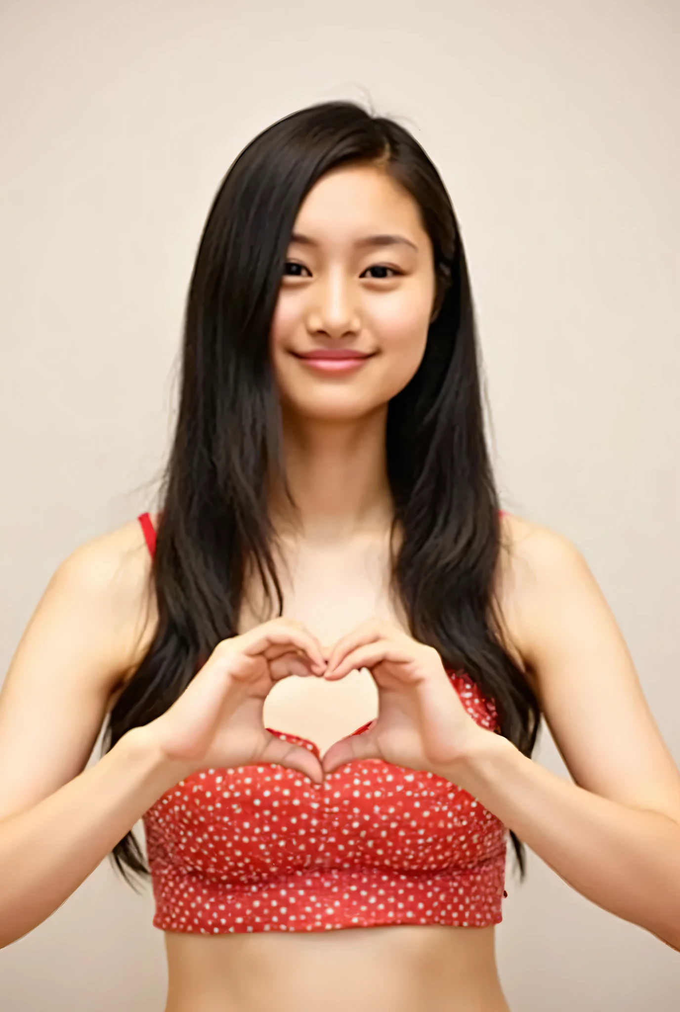  1 woman with a cute smile、{{I'm wearing a red dot bikini}}。, {{ I'm wearing a competitive swimsuit}},  make a big heart with both hands , Hold it in front of your chest , View above the collarbone、  has a monotone background  、
