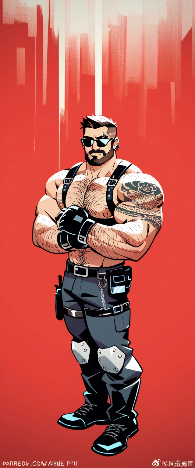 a bearded tattooed muscle posing with bdsm costume and police kepi,  SFW,  muscular man,  Perfect anatomy ,  balanced anatomy,  hairy,  big breast, BDSM costume , black police kepi, Sunglasses,  black thong,black harness , big crotch, lewd expression,  muscular,  short haircut, bearded,  brown hair , piercings,  red background ,  high resolution, high quality, Masterpiece.