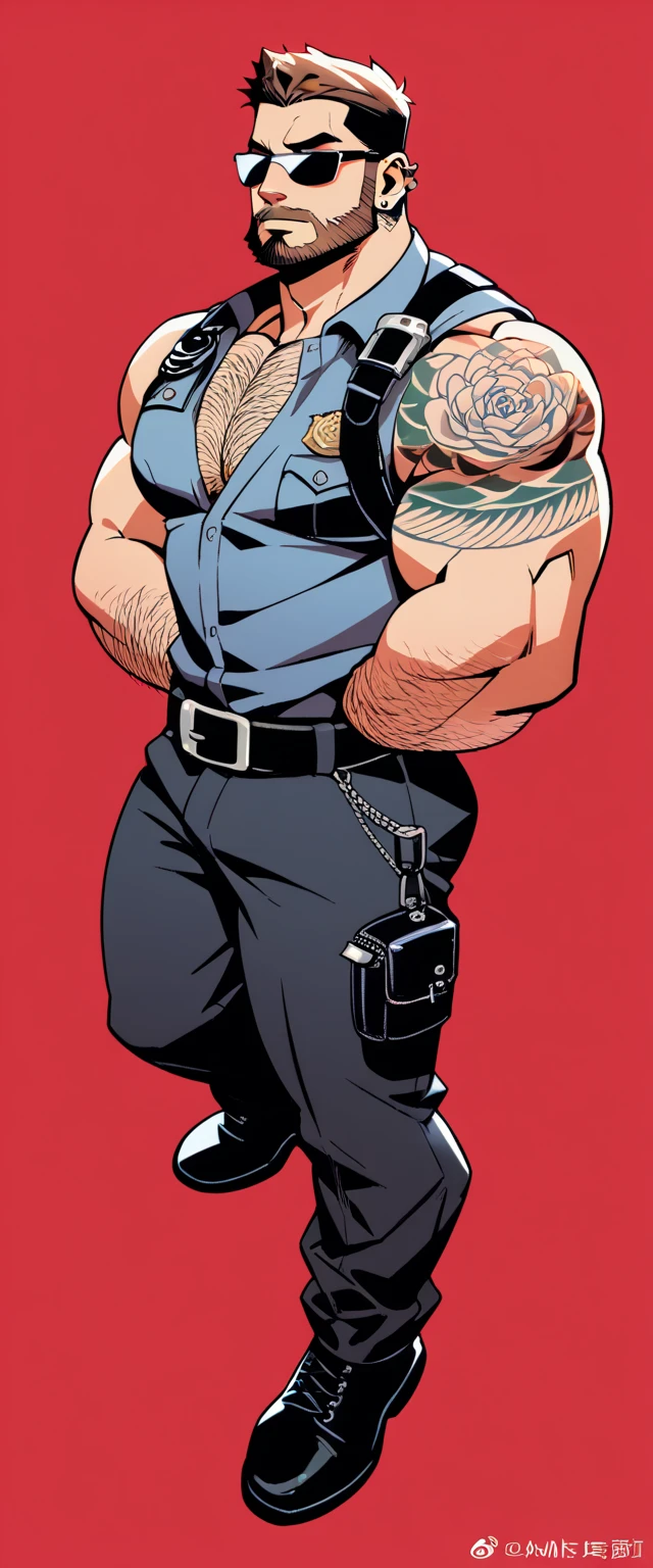 a bearded tattooed muscle posing with bdsm costume and police kepi,  SFW,  muscular man,  Perfect anatomy ,  balanced anatomy,  hairy,  big breast, BDSM costume , black police kepi, Sunglasses,  black thong,black harness , big crotch, lewd expression,  muscular,  short haircut, bearded,  brown hair , piercings,  red background ,  high resolution, high quality, Masterpiece.